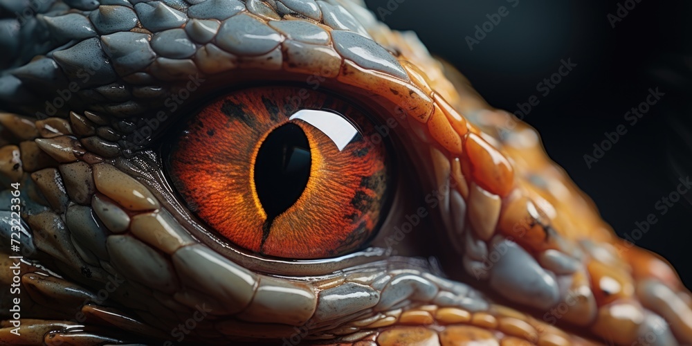 Poster a detailed view of a lizard's eye, showcasing its vibrant colors and intricate patterns. perfect for