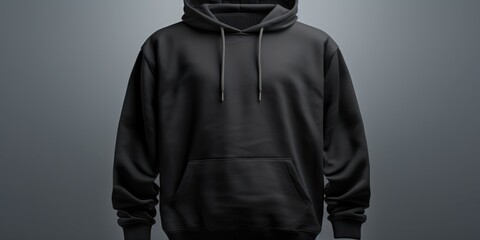 A black hoodie is displayed on a mannequin dummy. This image can be used for fashion design, clothing store advertisements, or online shopping websites