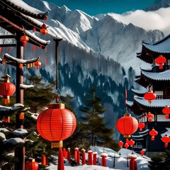 Lunar New Year in a mountainous region, snow-capped peaks, red lanterns hanging from evergreen trees, a tranquil and majestic celebration
