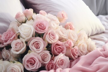 A beautiful bouquet of pink and white roses placed on a bed. This image can be used to depict romance, love, or as a decoration for weddings and special occasions