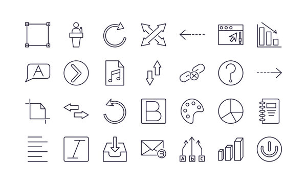 editable outline icons set. thin line icons from user interface collection. linear icons such as metrize, crossed arrows, right button, italic, abc item chart, on off power button