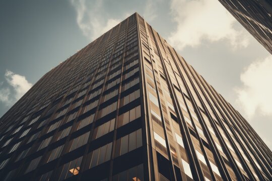 A tall building with a multitude of windows, located in a bustling city. This image can be used to showcase modern architecture and urban landscapes