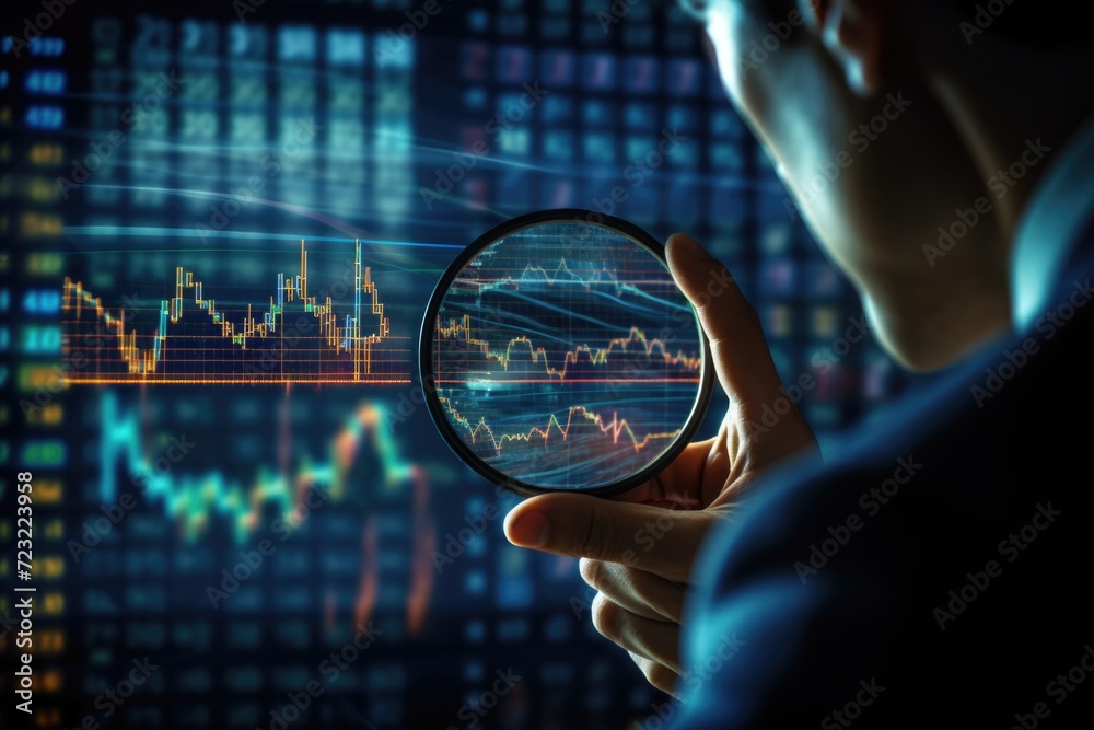 Poster A man is using a magnifying glass to closely examine a stock chart. This image can be used to illustrate concepts such as financial analysis, investment research, or stock market trends