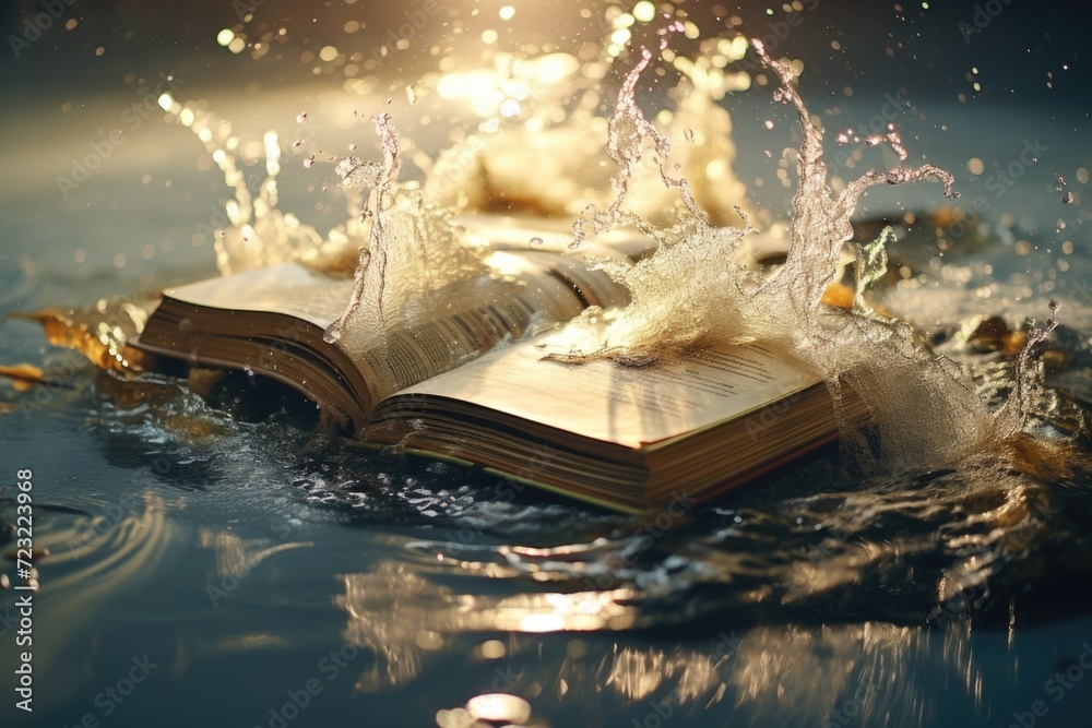Poster An open book gently floating on the surface of a calm body of water. This serene image can be used to represent tranquility and relaxation.