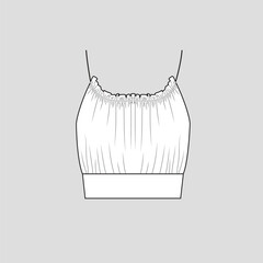Ruched Ruffle frills Camisole crop top waist Panel Gathering shirred detail gathering frill halter neck Cropped fashion t shirt top blouse flat sketch technical drawing template vector