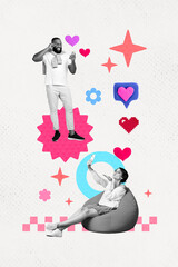 Vertical collage picture of black white colors girl sit beanbag make selfie send air kiss guy painter heart star flower like notification