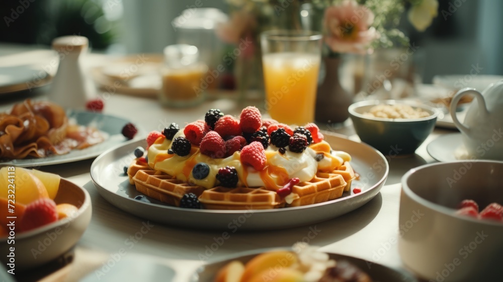Wall mural delicious waffles topped with a variety of fresh fruits. perfect for a breakfast or brunch setting - Wall murals