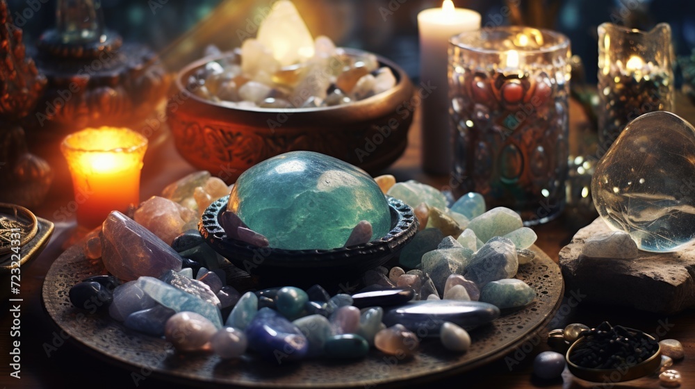 Poster A collection of various types of crystals displayed on a table. Perfect for crystal enthusiasts or those interested in natural healing and spirituality