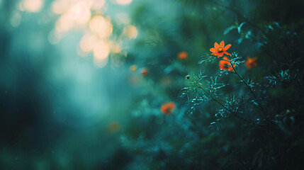 Beautiful orange cosmos flower surrounded by teal leaves. Copy space.