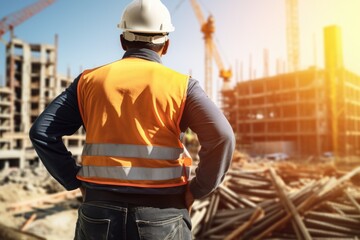 A construction worker standing in front of a construction site. Ideal for showcasing construction projects and the work of construction workers