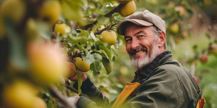 Content farmer harvesting apples, joy of agriculture. man picking fruit in orchard. fresh, organic produce concept. rural lifestyle imagery. AI