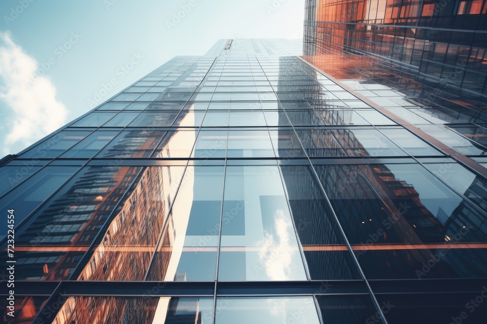 Poster a tall building with many windows reflecting the sky. perfect for architectural designs or urban lan