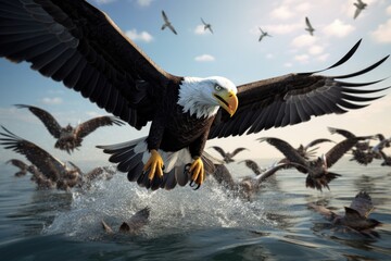 Obraz premium A captivating image of a magnificent eagle in flight over a serene body of water. Perfect for nature enthusiasts and wildlife lovers.
