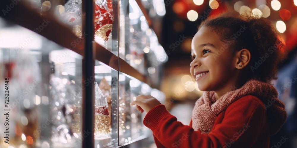 Poster a young girl stands in front of a display case, curiously observing its contents. this image can be 