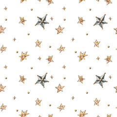Watercolor seamless pattern with vintage stars. Background for postcards, packing paper, decor, and textiles.