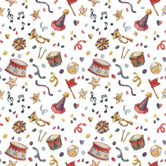 Watercolor seamless pattern vintage party with toys and confetti. Stars and musical instruments. Background for packing paper, decor, and textiles.