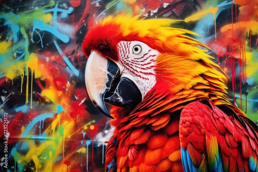 Poster A brightly colored parrot is standing in front of a colorful background. This vibrant image can be used to add a pop of color to any project