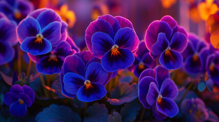 Vibrant purple pansy or viola tricolor in golden sunlight.