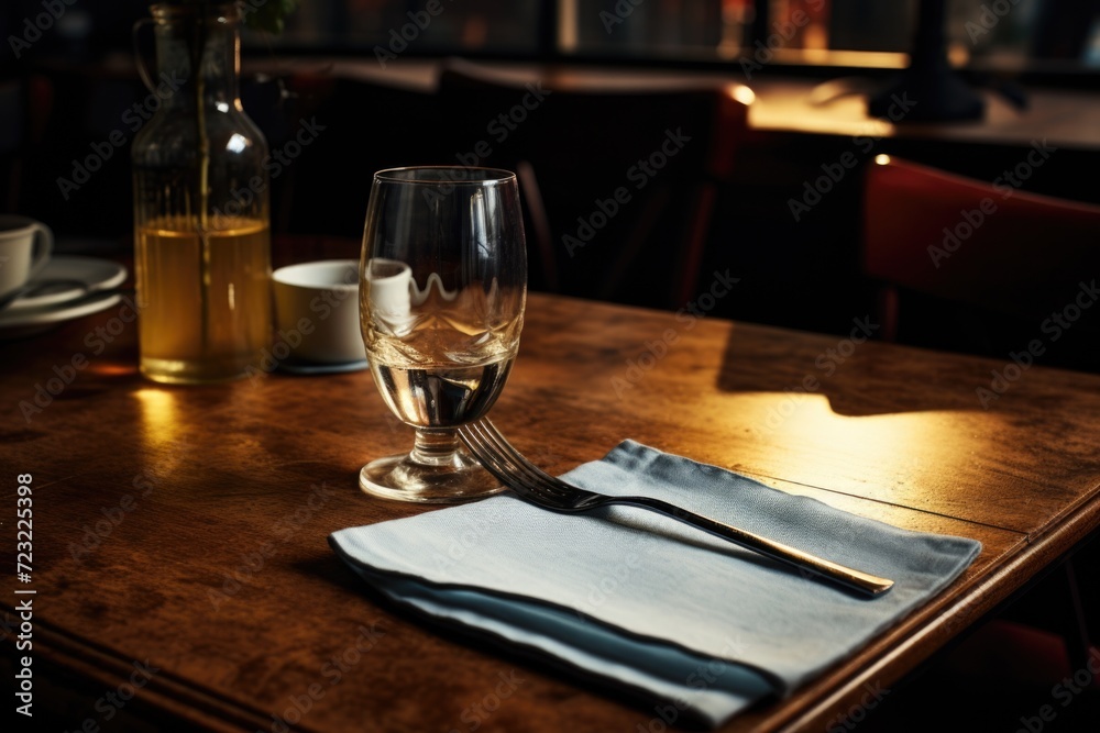 Poster A simple and elegant image of a table with a glass of wine and a napkin. Perfect for restaurant menus or wine-related articles