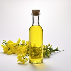 Rapeseed oil in decanter oilseed rape flowers and seeds isolated on white background.