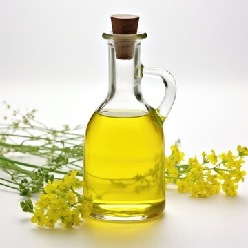 Rapeseed oil in decanter oilseed rape flowers and seeds isolated on white background.