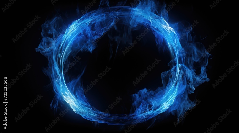 Poster blue smoke forming a circle on a black background. versatile image suitable for various creative pro