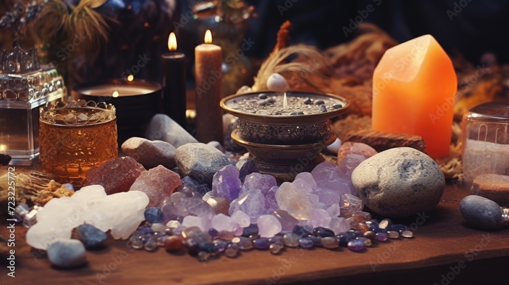Poster a collection of various crystals arranged on a table. perfect for home decor or crystal enthusiasts
