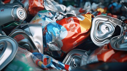 A pile of soda cans. Perfect for illustrating consumerism and recycling. - obrazy, fototapety, plakaty