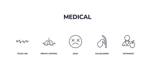 editable outline icons set. thin line icons from medical collection. linear icons included pulse line, breath control, dead, gallbladder, nutrionist - obrazy, fototapety, plakaty