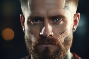 A close up image of a man with intricate tattoos on his face. This striking image can be used to depict unique individuals, alternative lifestyles, or the art of body modification