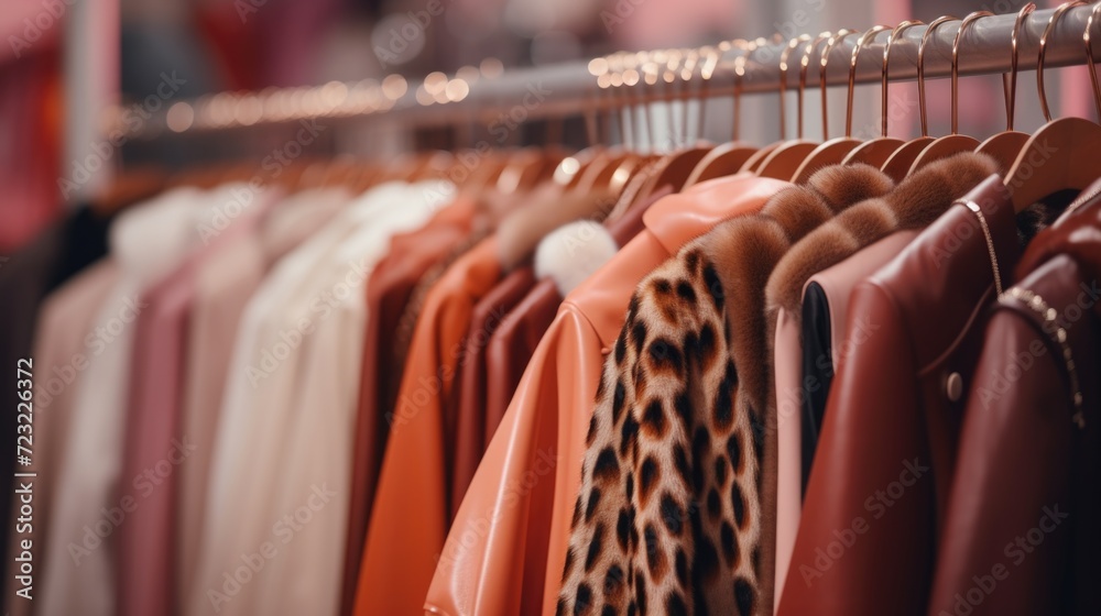 Poster a row of clothes hanging on a rack. perfect for showcasing different clothing options or displaying 