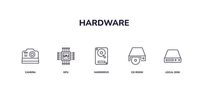 editable outline icons set. thin line icons from hardware collection. linear icons included camera, gpu, harddrive, cd room, local disk