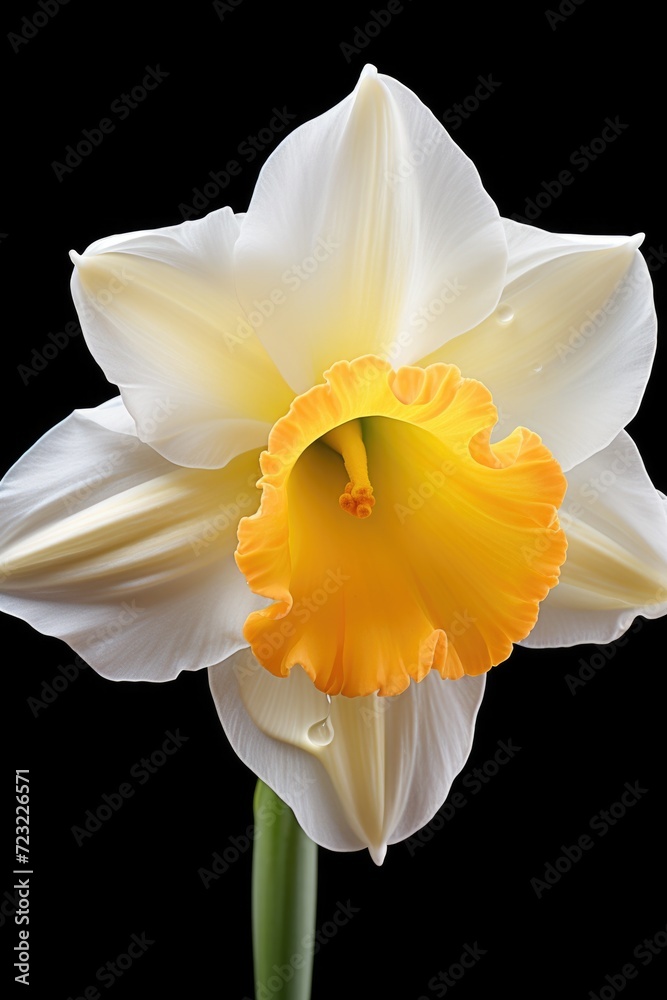 Poster a single white and yellow flower on a black background. perfect for adding a touch of elegance to an