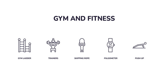editable outline icons set. thin line icons from gym and fitness collection. linear icons included gym ladder, trainers, skipping rope, pulsometer, push up - obrazy, fototapety, plakaty