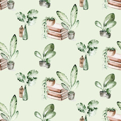 Watercolor seamless pattern of hand painted house potted houseplant. green plants in flower pots. Scrapbooking paper background of floral elements isolated on white. Decorative greenery  - 723226558