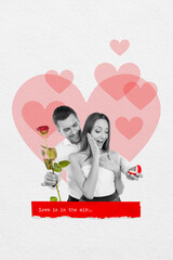 Vertical collage picture of two black white colors partners guy hold give flower engagement ring astonished girl love in in the air