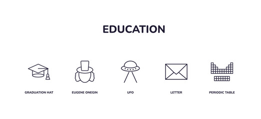 editable outline icons set. thin line icons from education collection. linear icons included graduation hat, eugene onegin, ufo, letter, periodic table - obrazy, fototapety, plakaty