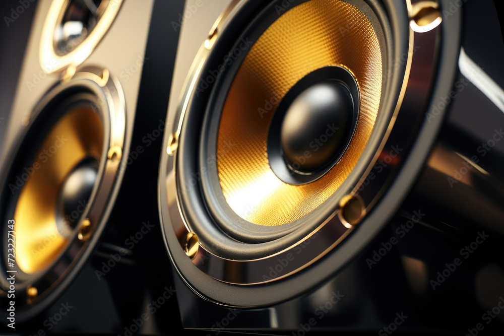 Poster a detailed close-up view of a pair of speakers. this image can be used to showcase audio equipment o