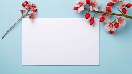 Obraz premium A blank card featuring red flowers is placed on a blue background. Generative AI.