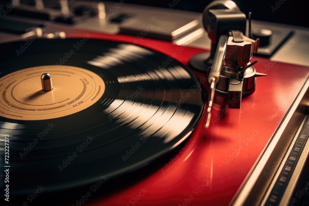 Poster a detailed view of a record playing on a turntable. perfect for music enthusiasts and vinyl collecto