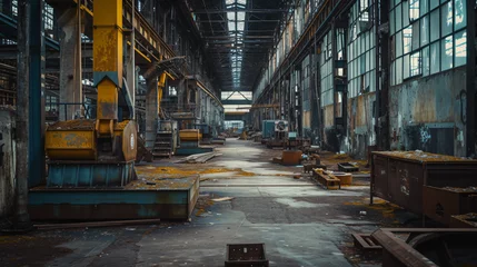 Fototapeten An empty factory floor with rusting machinery and broken windows. © Leo