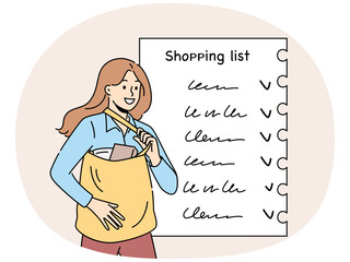 Smiling woman with shopping list doing groceries. Happy female with bag full of products check items in buying plan on paper. Vector illustration.
