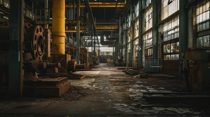 Foto auf Acrylglas An empty factory floor with rusting machinery and broken windows. © Leo