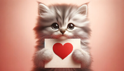 Cute kitten holding a valentine card. The kitten is small and fluffy, with charming big eyes and a soft coat of two colors.
