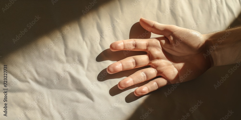 Poster A person holding their hand out on a bed. Suitable for various concepts and themes