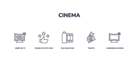 editable outline icons set. thin line icons from cinema collection. linear icons included 1080p hd tv, thumb up with star, film negatives, tickets, 3 dimension screen