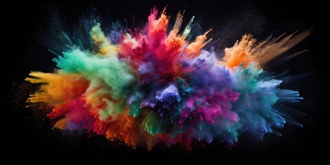 A vibrant burst of colorful powder against a black backdrop. Perfect for adding a dynamic touch to your designs or capturing the excitement of celebrations.
