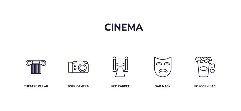 editable outline icons set. thin line icons from cinema collection. linear icons included theatre pillar, dslr camera, red carpet, sad mask, popcorn bag