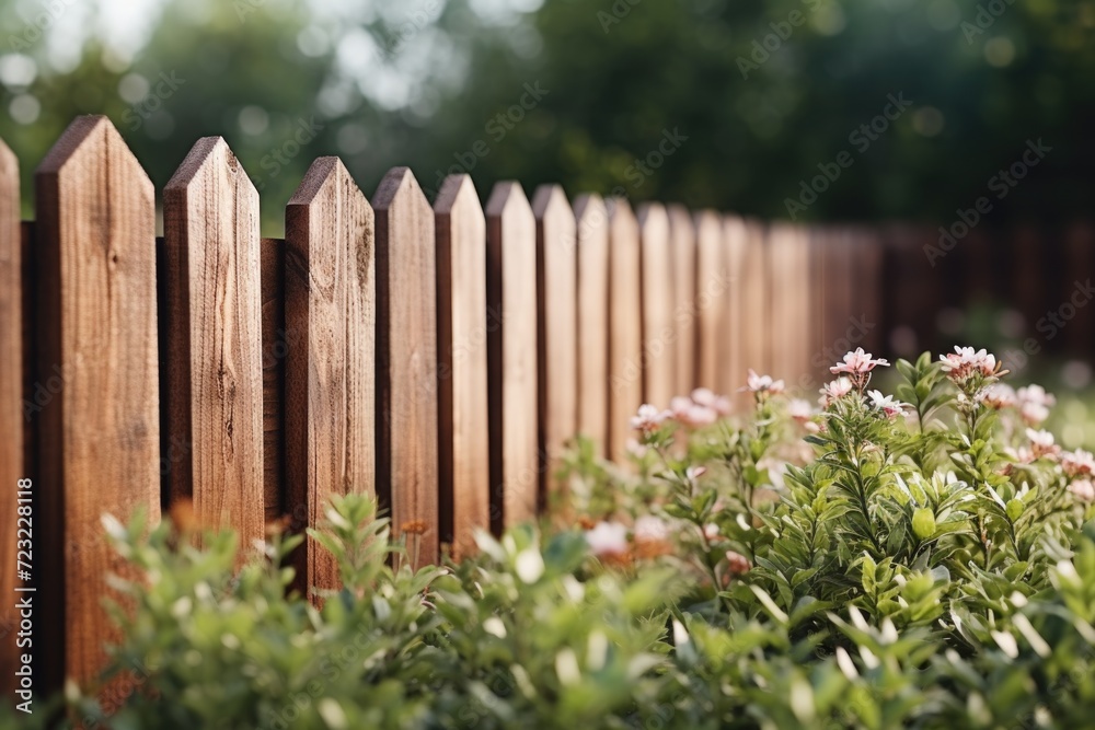 Poster A close-up view of a wooden fence adorned with beautiful flowers. Perfect for adding a touch of nature to any project or design
