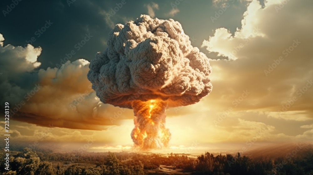 Poster A colossal mushroom cloud fills the sky, depicting a devastating explosion. This image can be used to illustrate the destructive power of nuclear weapons or the aftermath of a catastrophic event.